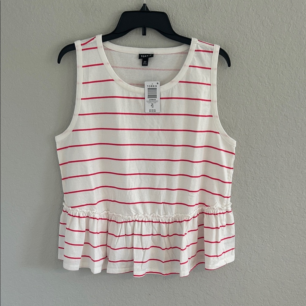 Women's White and Red Striped Peplum Top